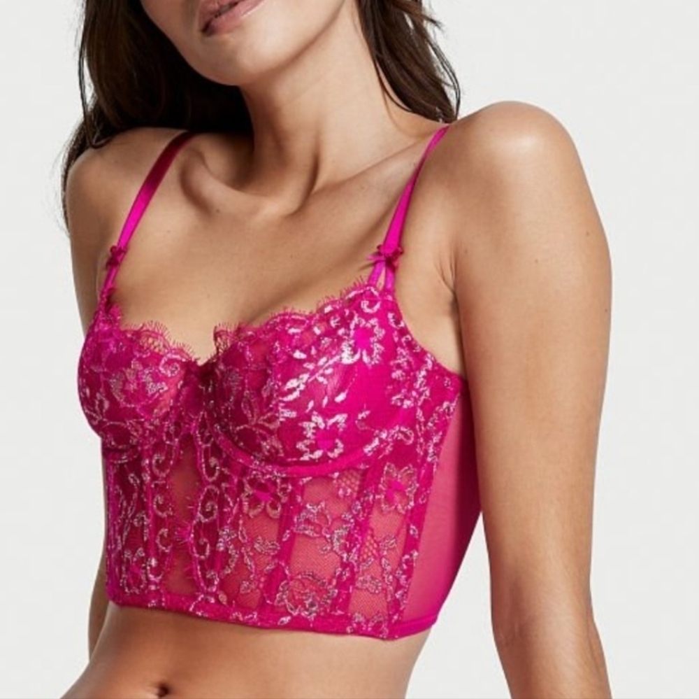Dream Angels Victoria's Secret Wicked Shimmer Lace Corset Top Vibrant Pink Sz M
